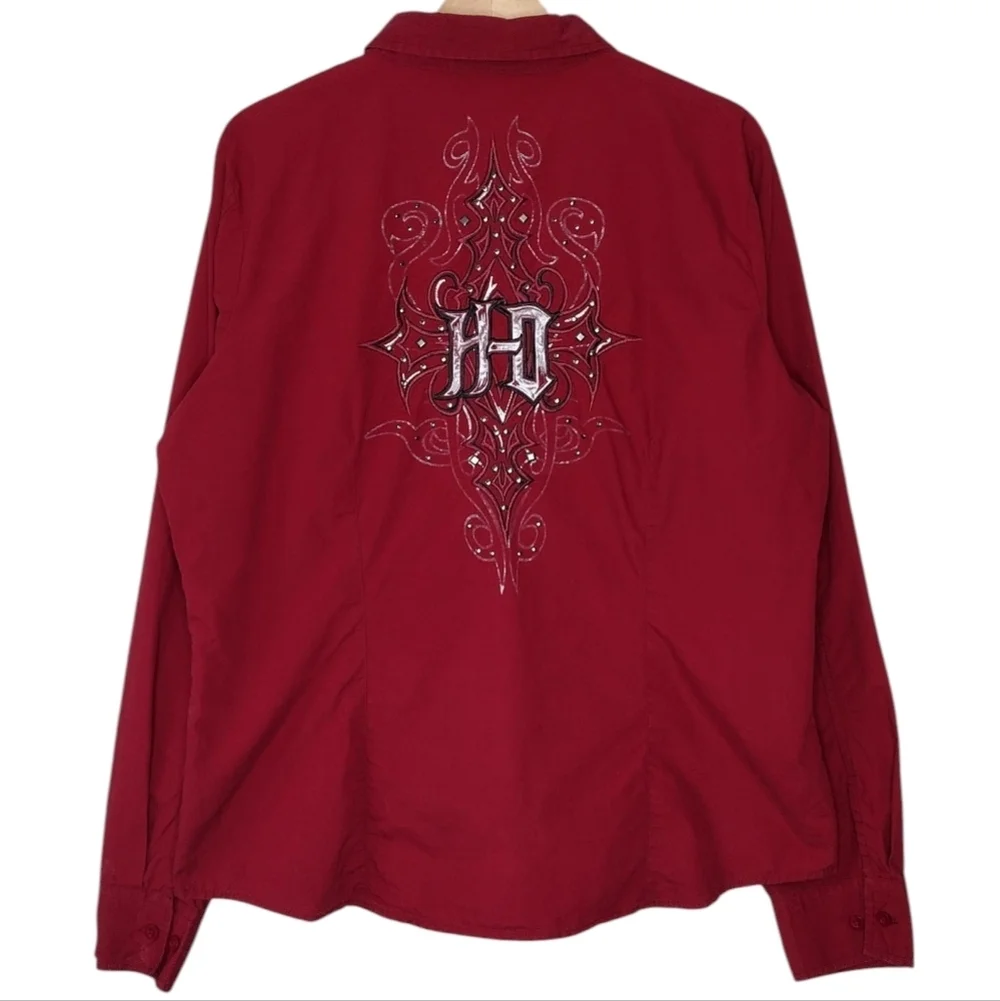 Harley-Davidson Red Embroidery Long Sleeve Button Down Shirt Sz XL